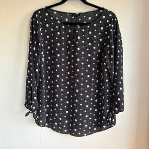 Talbots Tie-Sleeve Blouse Top Black Bold Polka Keyhole Neck 3/4 Sleeve Sz M